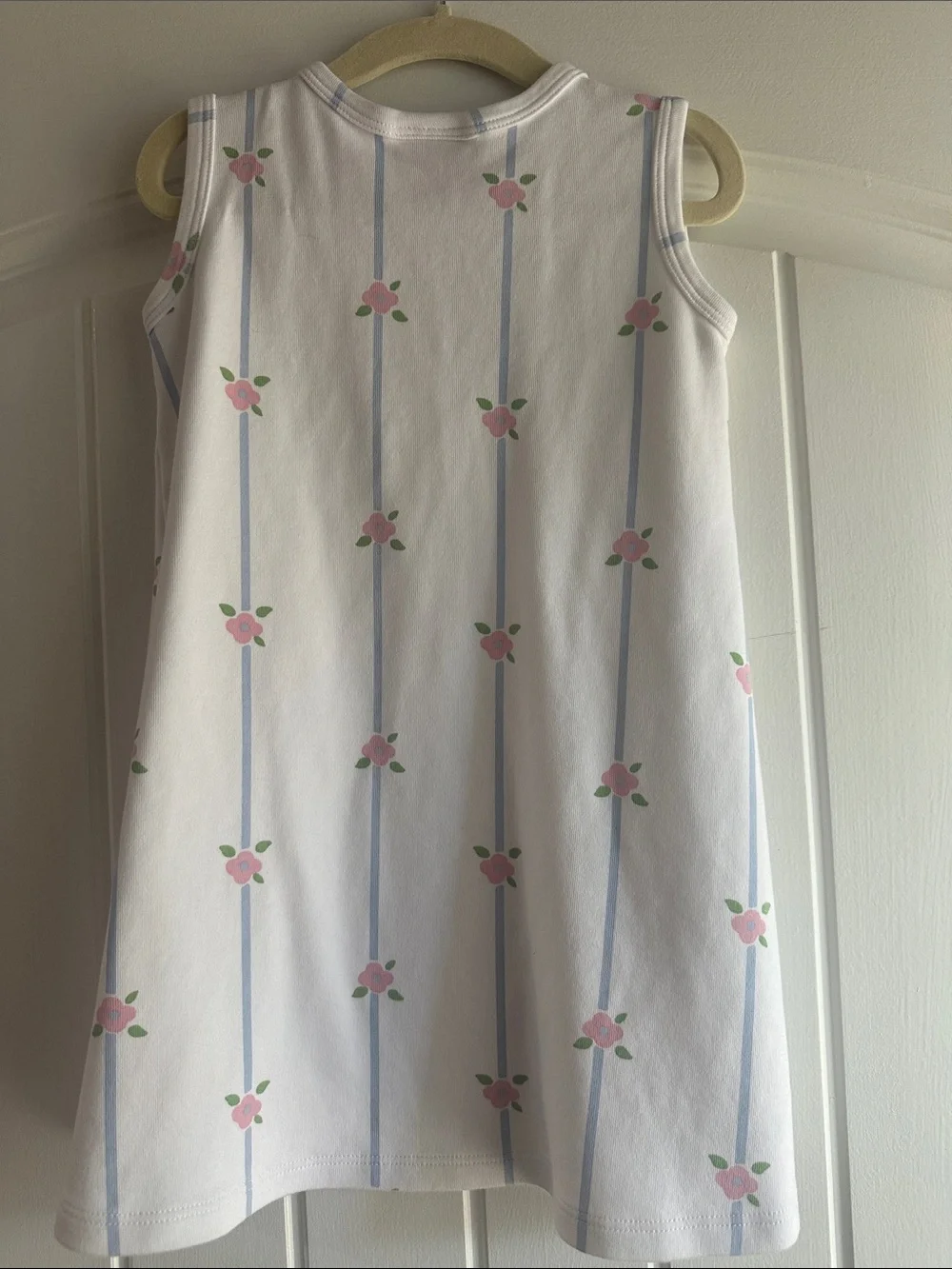 The Beaufort Bonnet Company White Dress with Pink Floral and Blue Stripes